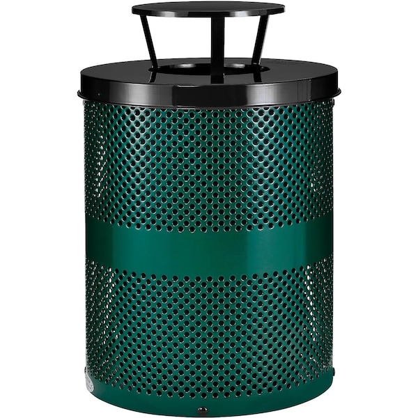 Global Industrial Outdoor Perforated Steel Trash Can With Rain Bonnet Lid, 36 Gallon, Green 261927GN - main